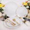 140Pcs Gold Plastic Plates, White Plates with Gold Rim, Disposable Dinnerware Include 20Dinner Platos, 20 Dessert Platos, 20Pre Rolled Napkins with Cutlery and 20 Cups for Party